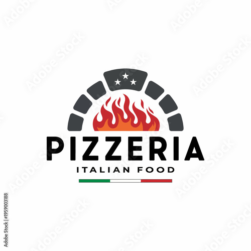 A vibrant logo depicting an oven with raging flames signifying the traditional art of Italian pizza making, perfect for restaurants or food blogs showcasing culinary delights.