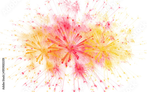 Abstract watercolor fireworks illustration, vibrant pink and yellow paint splashes on white background, festive explosion of color and light