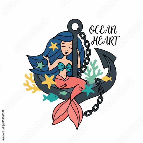 A whimsical representation of a mermaid lounging on an anchor amidst colorful sea life, capturing the enchanting beauty and allure of oceanic adventures and myths.