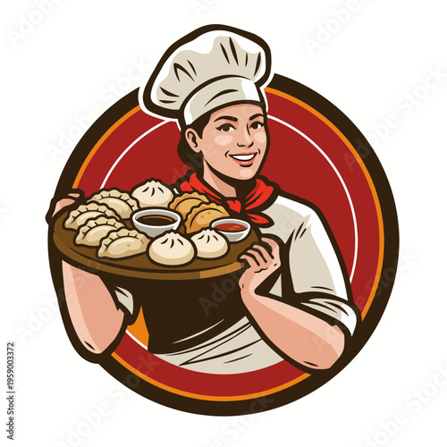 A cheerful illustration of a chef proudly presenting a tray of assorted dumplings, highlighting a culinary delight that excites food lovers and showcases diverse flavors.