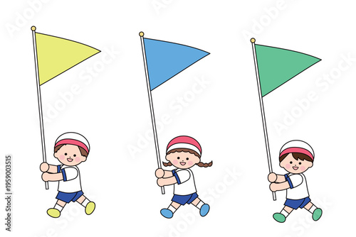 運動会のこどもたち｜3色の旗を持つかわいい子どもたちのイラスト