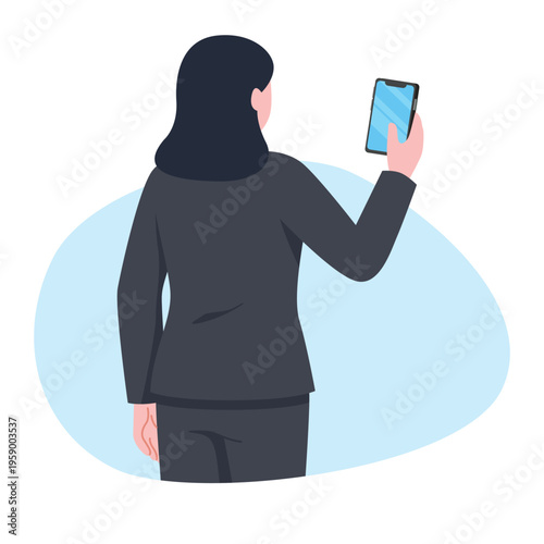 Professional Woman Holding Smartphone in Back View