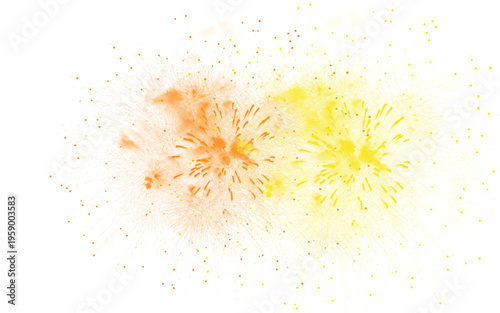 Golden yellow and orange paint splash, vibrant watercolor powder explosion on white background, abstract ink splatter and dust particles for creative design