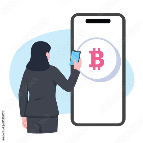 Professional Woman Using Mobile Bitcoin Wallet On Large Smartphone