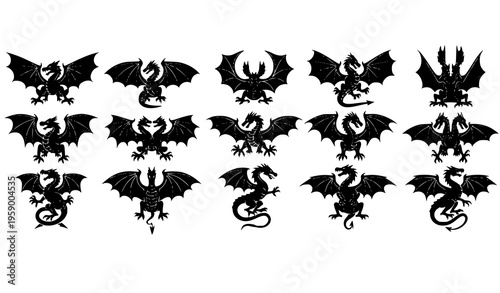 Dragon crest silhouette set winged tattoo style black vector illustration isolated on white background