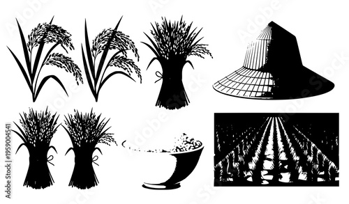 Rice Agriculture Collection Vector – Paddy Plants Bowl and Farmer Hat Illustration Set