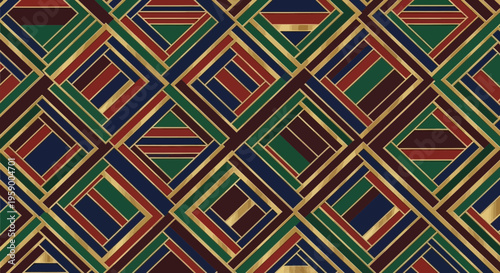 Art Deco Geometric Pattern Seamless Background, Luxury Gold, Blue, Green, Red Diamond Shapes
