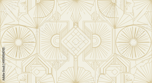 Art Deco Geometric Pattern, Gold Lines on Cream Background, Vintage Wallpaper Design