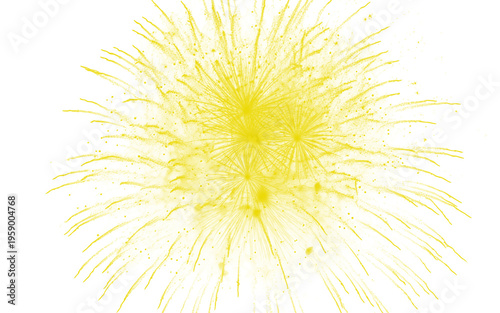 Yellow firework burst illustration on white background, bright golden explosion effect, festive light display for celebration and holiday design