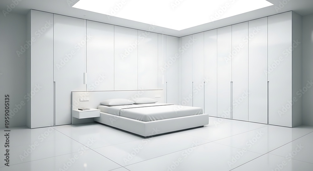 Fototapeta premium Minimalist Bedroom Design - Modern White Interior with Bed and Wardrobes.