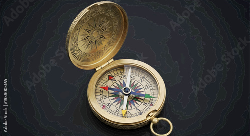 Antique brass compass opened on dark textured surface, showing detailed face with directional indicators and a pointer