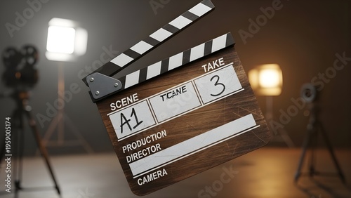 clapperboard on film set in studio with lights and cameras