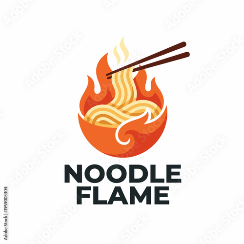 This vibrant illustration features a bowl of steaming noodles engulfed in stylized flames, highlighting the fusion of culinary artistry and excitement in Asian cuisine.