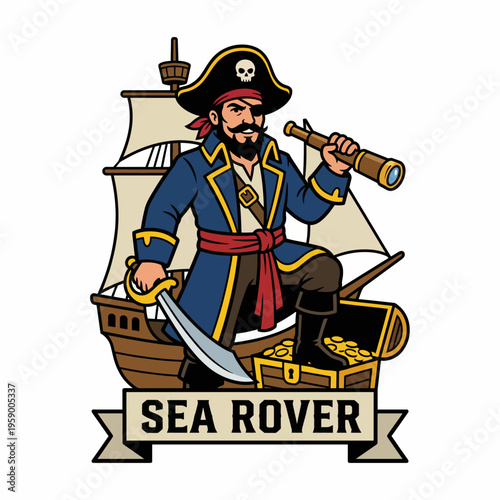 A classic pirate character logo, holding a sword and a telescope, evocative of adventure and treasure hunting, perfect for nautical-themed brands.