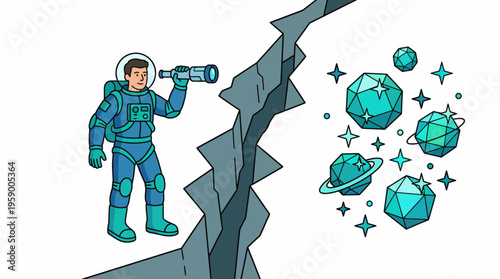 An astronaut peers into a vibrant cosmic landscape with glimmering gemstones and planets, embodying the spirit of curiosity and the endless quest for cosmic knowledge and adventure.