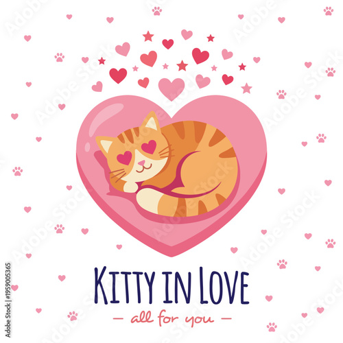 A delightful illustration of a cat curled up in a heart surrounded by floating hearts, representing warmth, love, and affection often shared between humans and their furry companions.