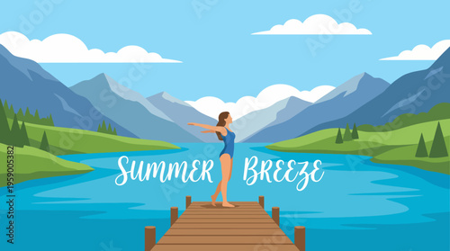 A woman enjoys the blissful summer breeze on a dock by a tranquil lake surrounded by majestic mountains, capturing the essence of freedom and connection with nature.