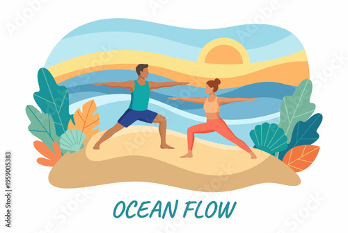 A couple engages in a yoga flow on the beach at sunset, symbolizing harmony, balance, and the connection between body and mind while embracing the power of nature's beauty.