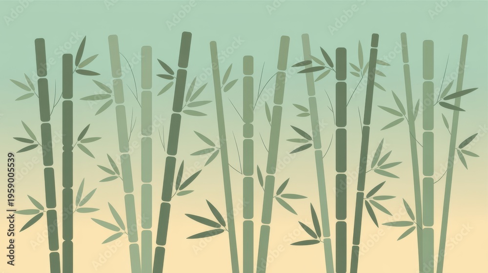 Fototapeta premium A serene flat vector illustration of a bamboo forest at sunset or sunrise