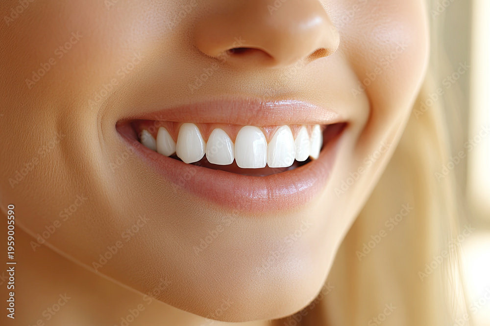 Fototapeta premium Close-up of Female Perfect Teeth Shape. Close-up of a smiling woman showcasing clean, white teeth and smooth skin with natural lighting.