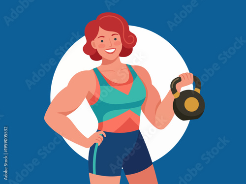 An empowered woman stands confidently holding a kettlebell, showcasing her strength and determination. This illustration represents fitness, empowerment, and resilience.