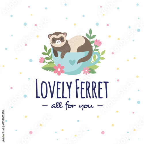 This image features an adorable ferret comfortably nestled in a decorative cup surrounded by vibrant flowers, perfect for conveying joy and cuteness.