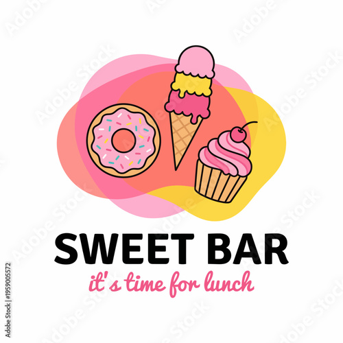 This vibrant image showcases a sweet bar with an ice cream cone, donut, and cupcake, inviting viewers to indulge in fun and delicious treats.