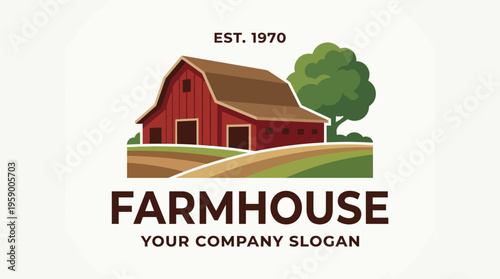 This logo design features a red barn surrounded by countryside, symbolizing tradition and hospitality, making it ideal for a farmhouse or agricultural business.