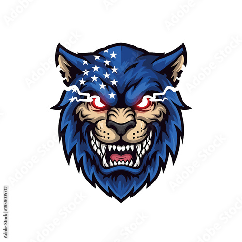 Aggressive wolf head with American flag design.