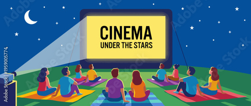 A charming scene depicting an outdoor cinema event, where people gather to enjoy a film under a beautiful starry night sky, evoking community and joy.
