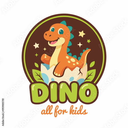 This lively illustration depicts a cheerful dinosaur hatching from its egg, representing playfulness and joy, perfect for children's themes and evoking feelings of innocence and wonder.