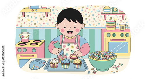 Young boy happily decorating cupcakes in the kitchen.