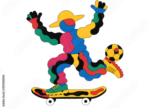 Abstract colorful character on skateboard with soccer ball, vibrant geometric street art illustration, playful urban sports person graphic