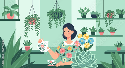 Woman watering plants and holding flowers.