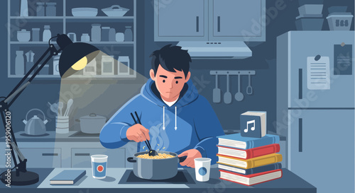 Young man cooking in kitchen at night.