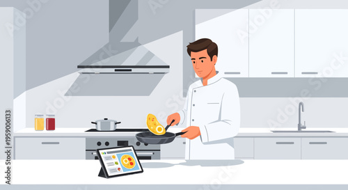 Young man in chef uniform cooking omelette on stove using tablet for recipe.