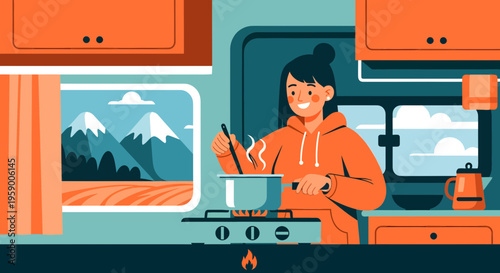 Young woman cooking in a camper van kitchen.