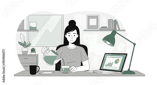 Young woman pouring coffee at her desk.