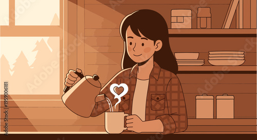 Young woman pouring hot beverage into mug with steam forming heart shape.