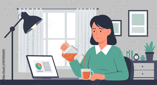 Young woman pouring tea while working on laptop.