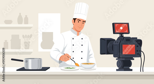 Chef recording cooking tutorial video in professional kitchen setting.