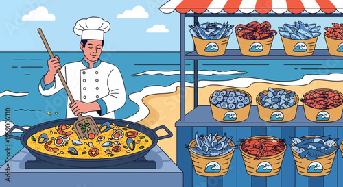 Chef preparing seafood paella at a beachside stall.