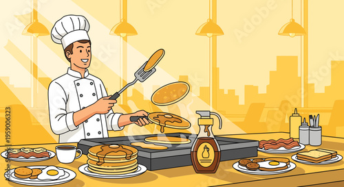 Chef skillfully flipping pancakes on griddle.
