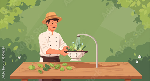 Chef washing fresh vegetables under a faucet.