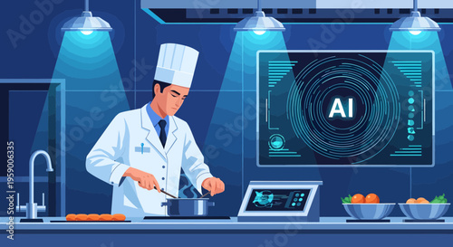 Chef using artificial intelligence in modern kitchen for cooking.
