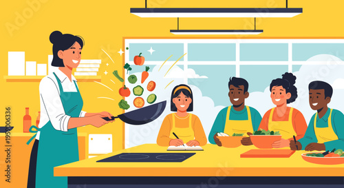 Diverse group learning cooking skills from instructor.