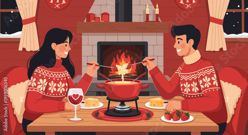 Couple Enjoying Romantic Fondue Dinner Together.