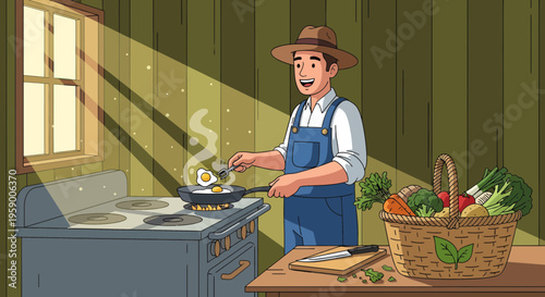 Farmer cooking breakfast in a rustic kitchen.