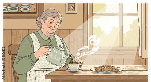 Elderly Woman Pouring Tea Comfortably Indoors.