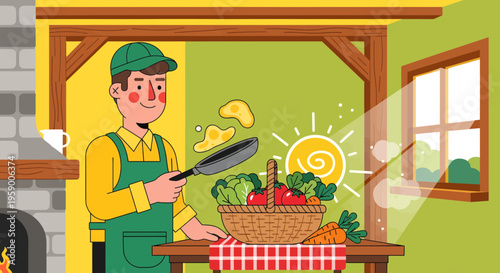 Farmer holding a frying pan with fresh vegetables.